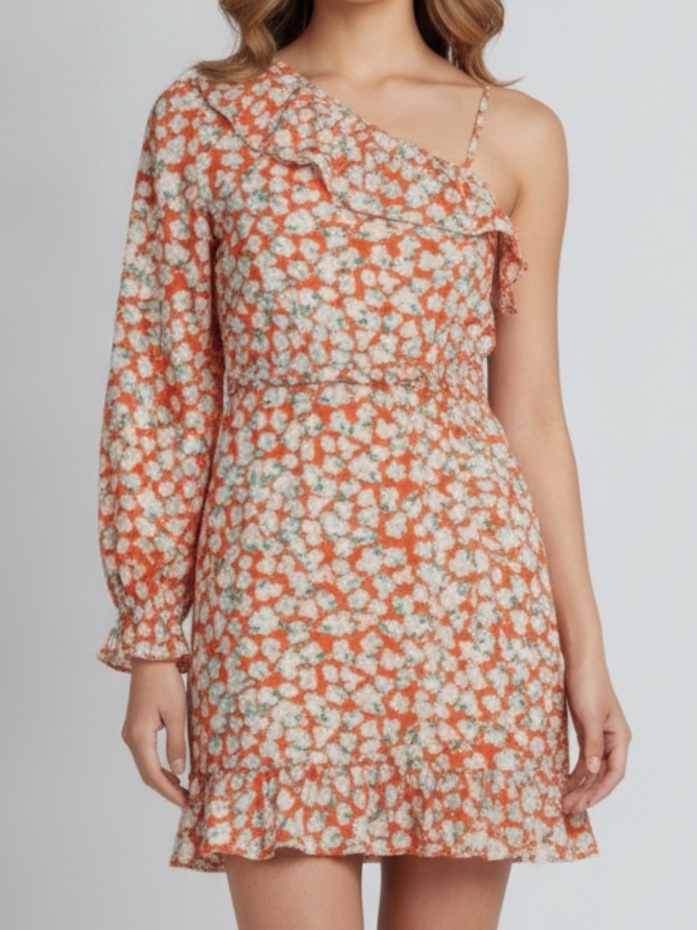 Vera Moda Mini Dress Sz S Pretty Floral One Shoulder Faux Wrap Ruffles *No Belt*
